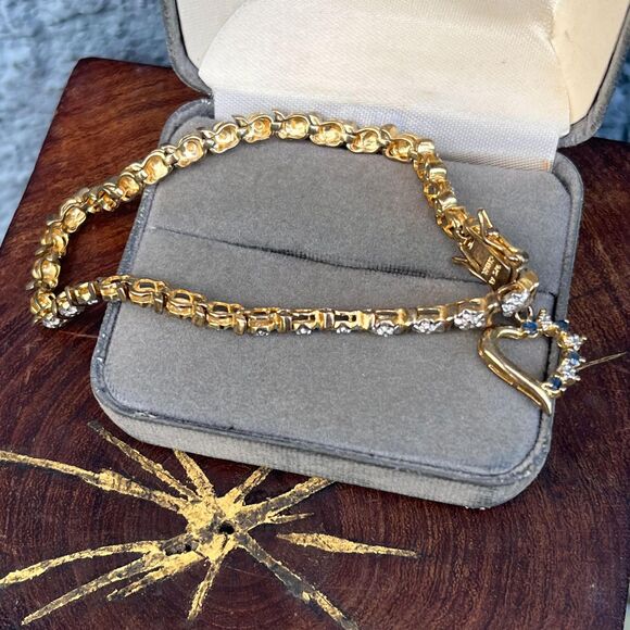 Vintage Heart Charm Tennis Bracelet Sterling Silver Gold Plated Jewelry - Picture 2 of 10